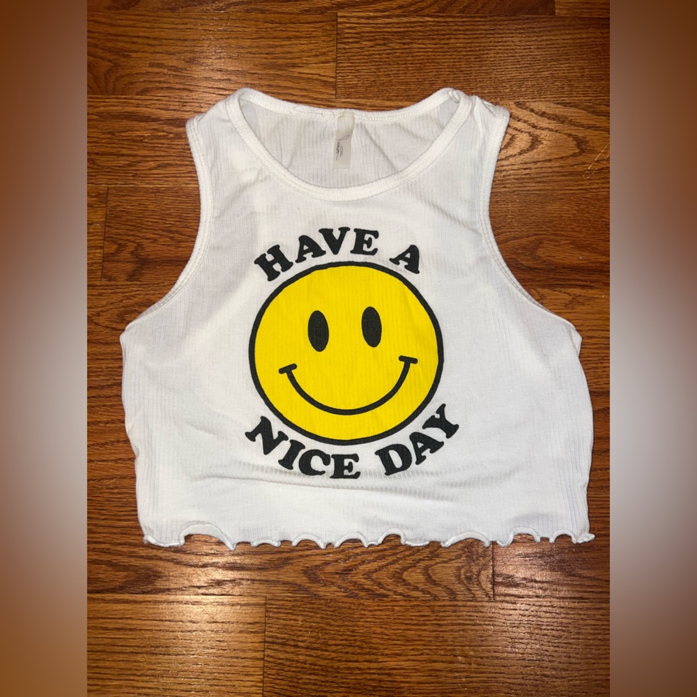 White Crop Top with Yellow Smiley Face